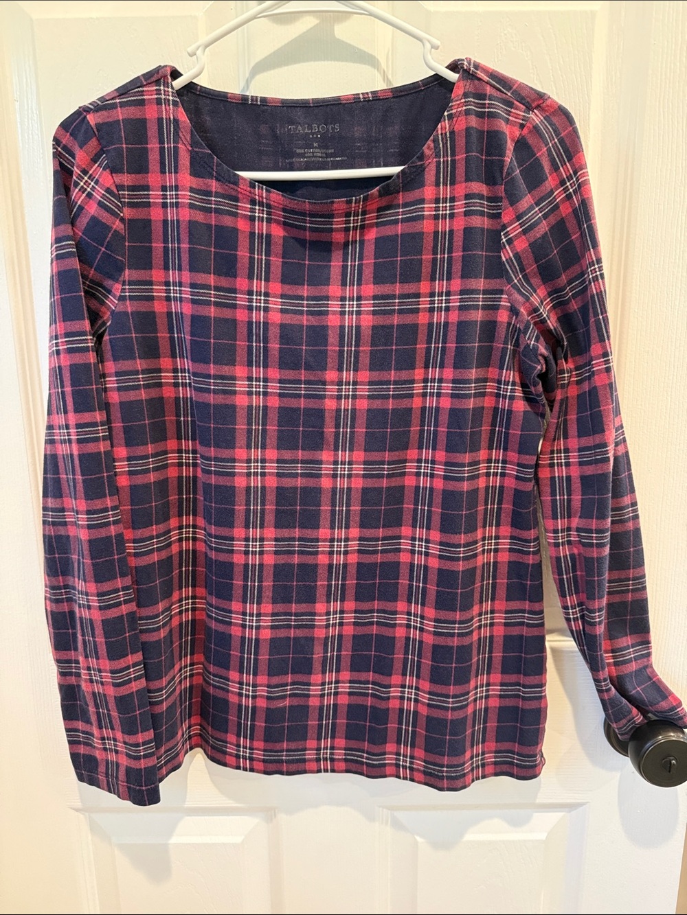 Talbots Navy and Pink Plaid Long-Sleeve Crew Top